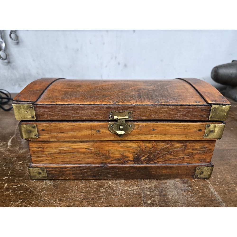 Vintage 10" Wooden Dome Top Keepsake Trinket Box Rustic Chest